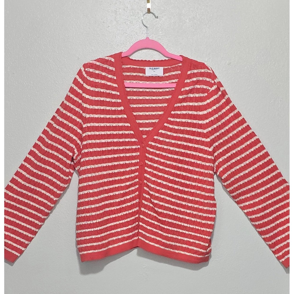 Old Navy SoSoft Lite XXL Orange White Striped Pointelle Open Knit Sweater